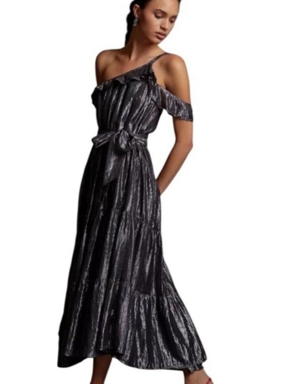 Anthropologie Maeve Ruffled One-Shoulder Dress Black Silver Small EUC